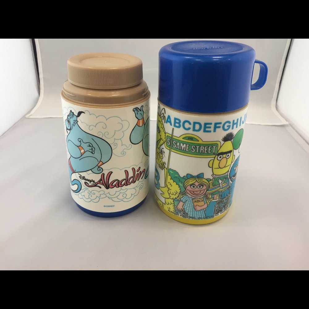 Two Vintage Aladdin Thermos Sesame Street & Genie